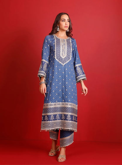 Lari Pima Satin Printed Navy Kurta Set