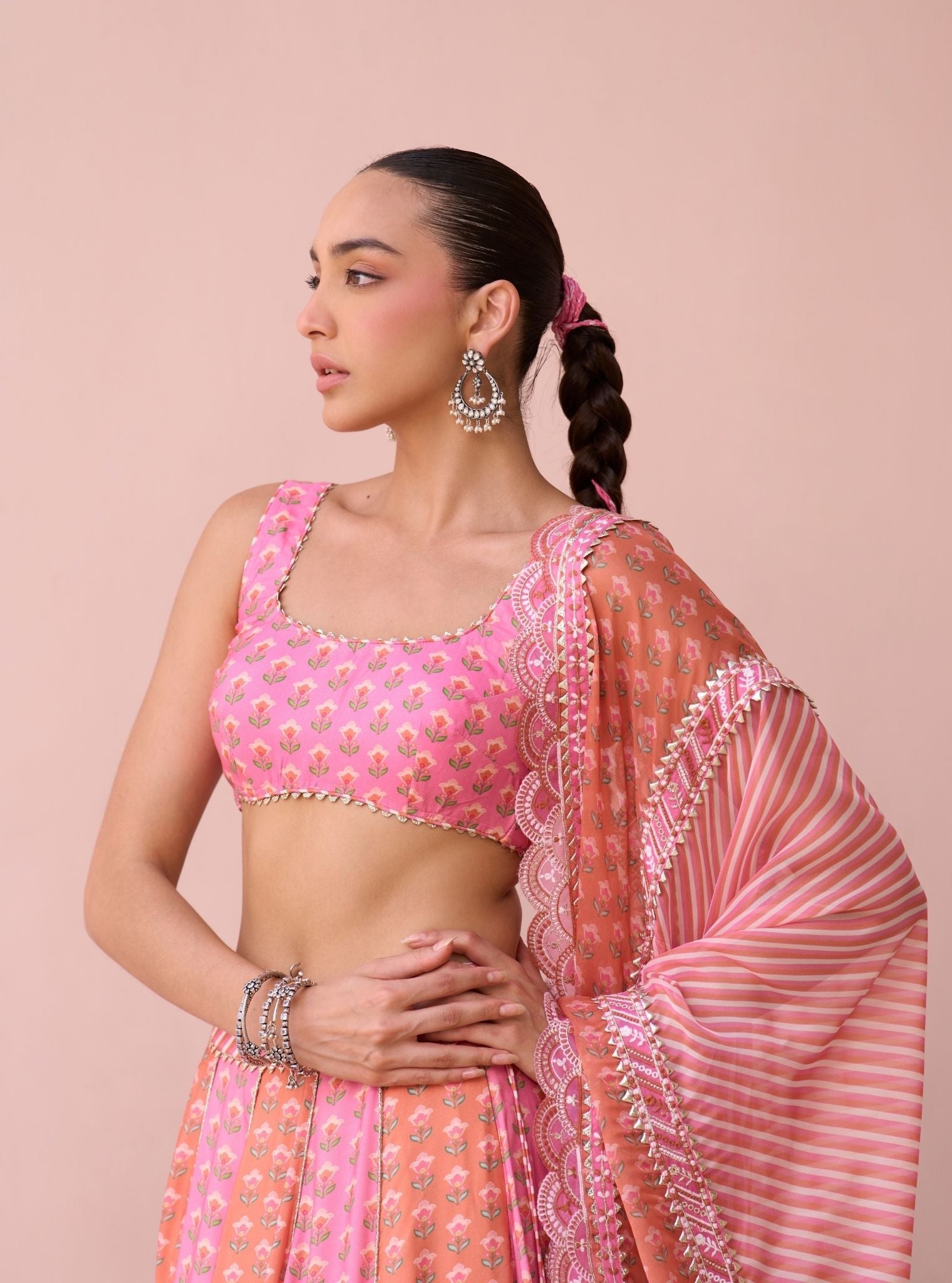 Indira Rani Pink Printed Lawn Lehenga Set