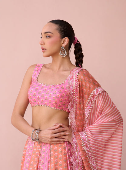 Indira Rani Pink Printed Lawn Lehenga Set