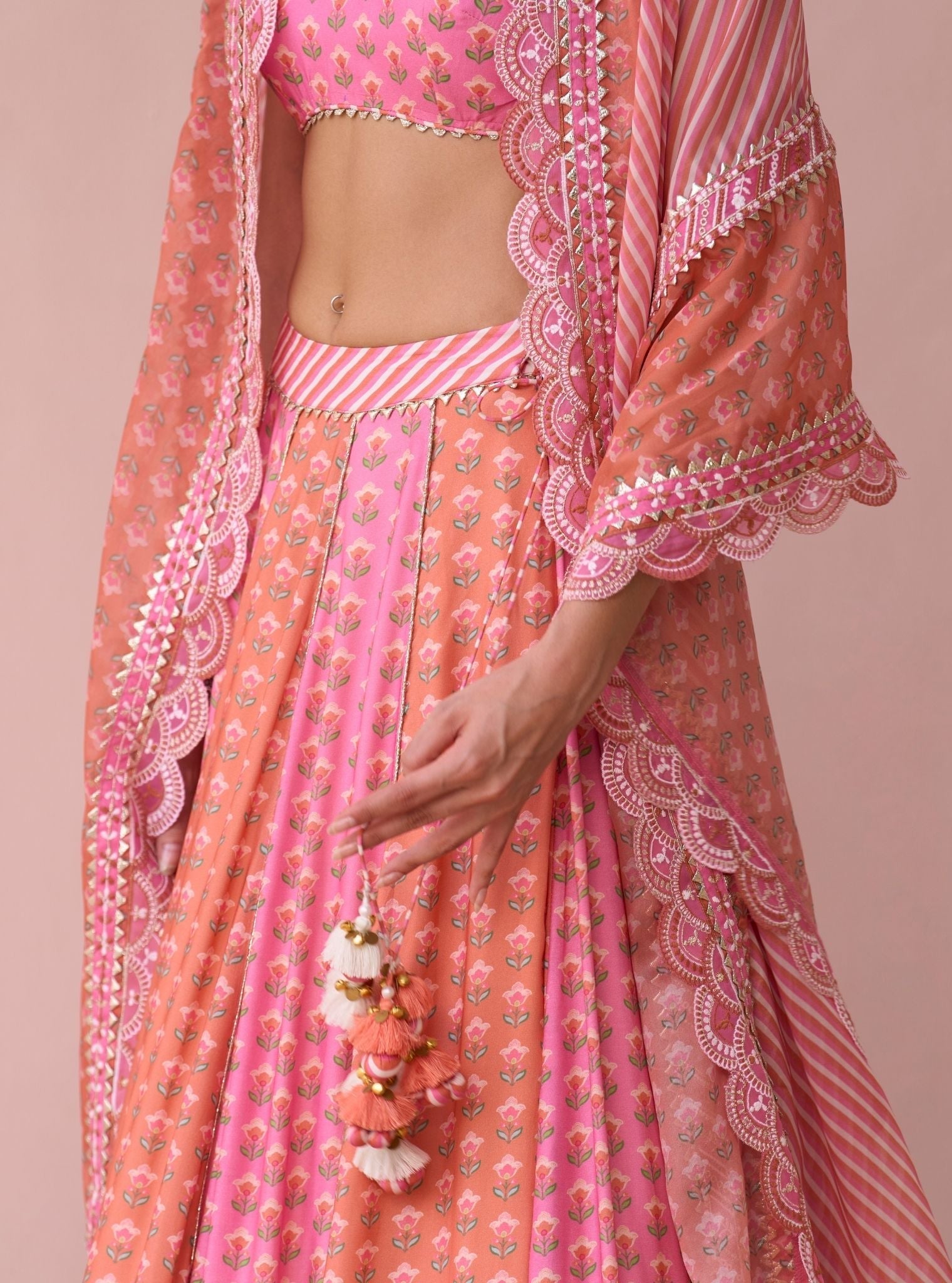 Indira Rani Pink Printed Lawn Lehenga Set