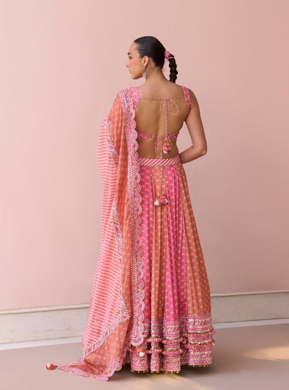 Indira Rani Pink Printed Lawn Lehenga Set