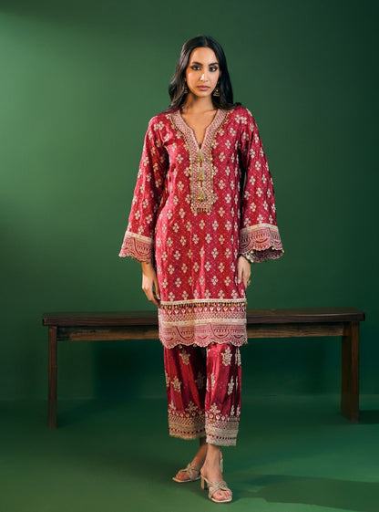 Elira Cupro Satin Red Kurta Sets