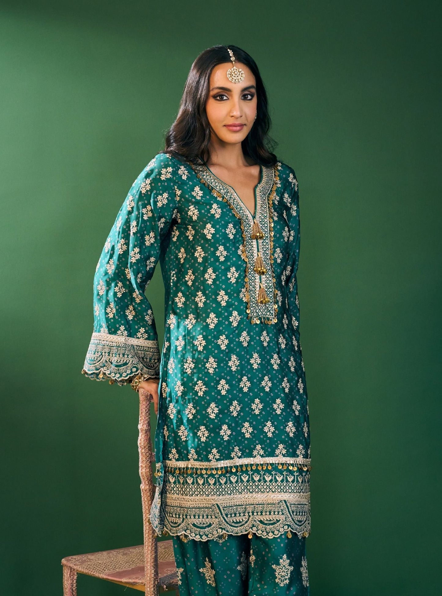Elira Cupro Satin Emerald Green Kurta Sets