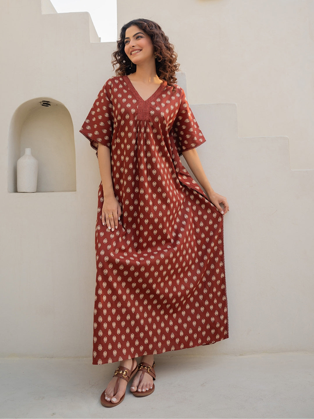 V-Neck Lace Burnt Umber Brown Kaftan