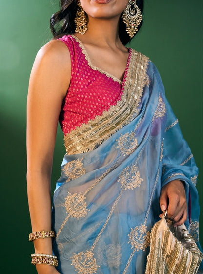 Kesa Organza Steel Blue Saree