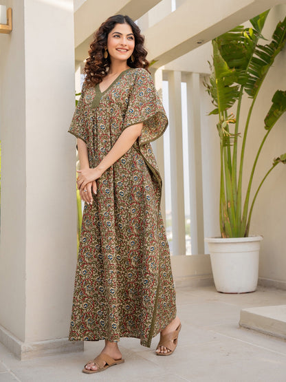 V-Neck Lace Olive Green Kaftan