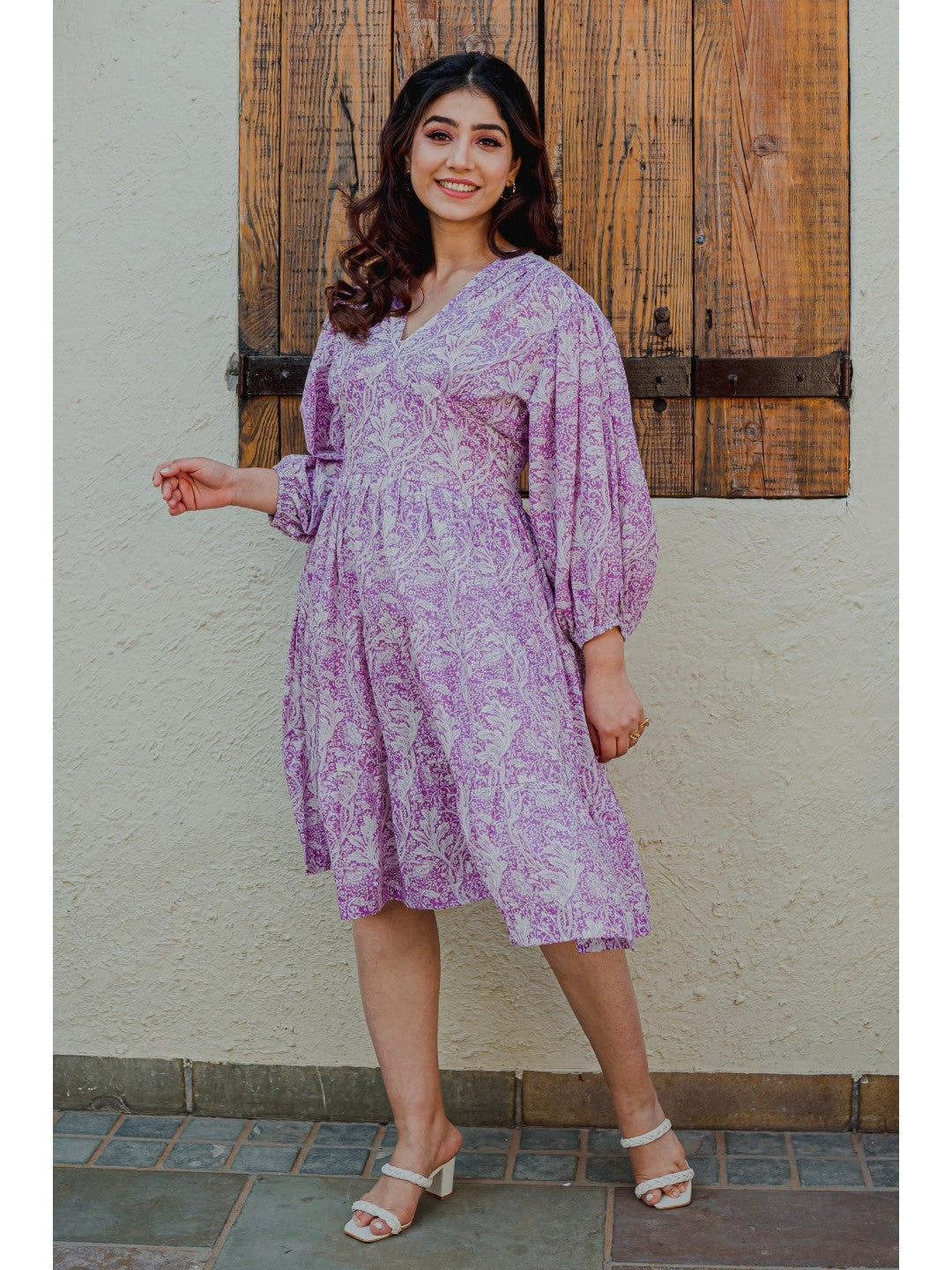 Bishop Sleeve Purple Bale Pure Cotton Dress