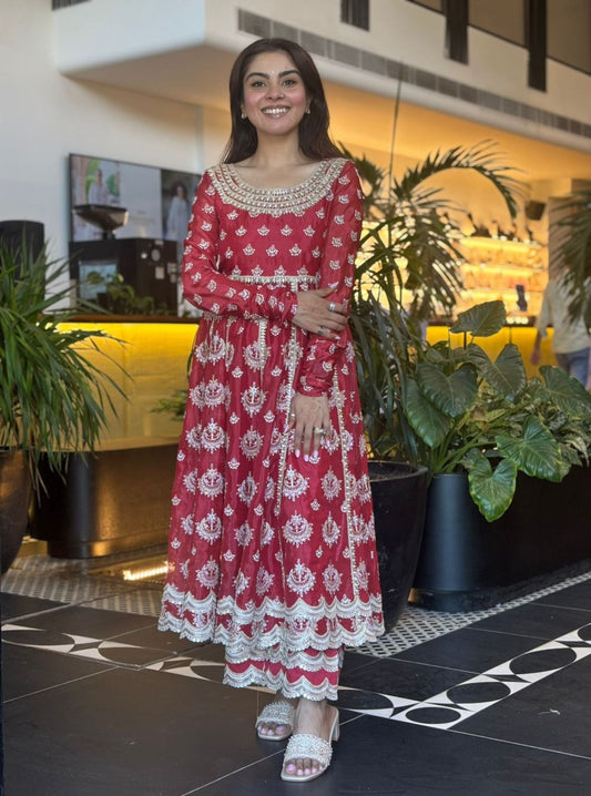 Sori Glass Organza Red Anarkali Kurta With Pima Satin Red Pant