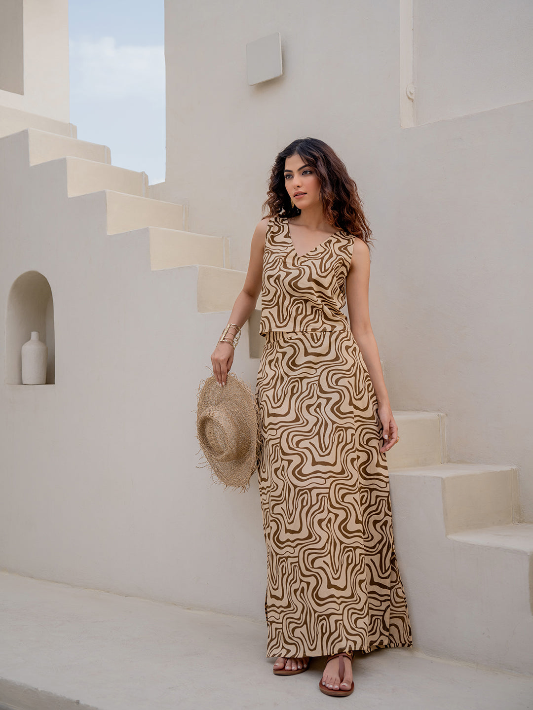 Fluid Wave Caramel Cream Back Tie Top