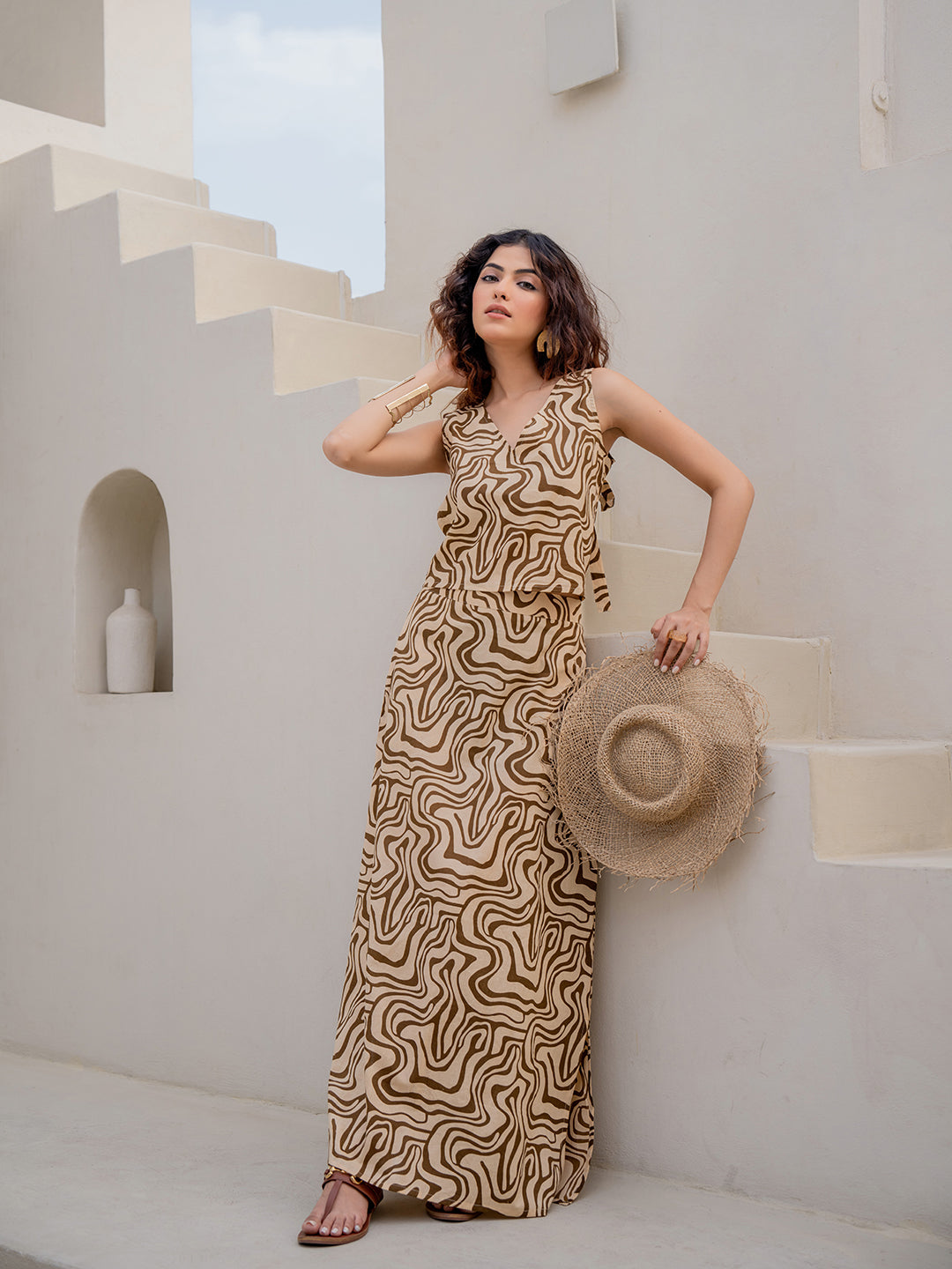 Fluid Wave Caramel Cream Back Tie Top