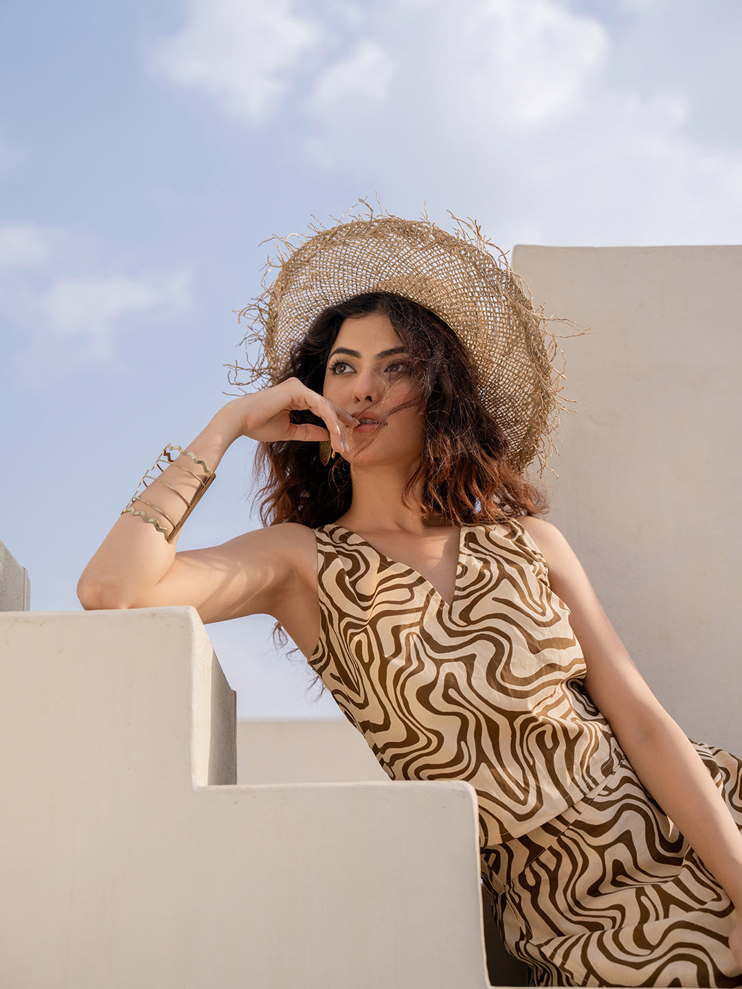 Fluid Wave Caramel Cream Back Tie Top