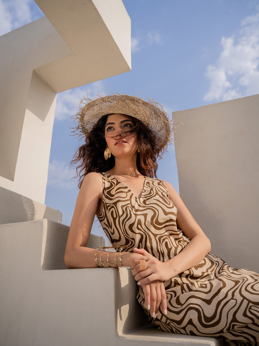 Fluid Wave Caramel Cream Back Tie Top