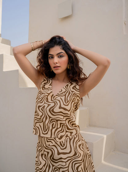 Fluid Wave Caramel Cream Back Tie Top