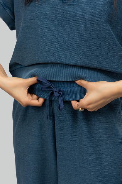 Blue Textured Terry Long Polo Set
