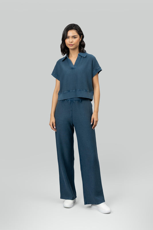 Blue Textured Terry Polo Set