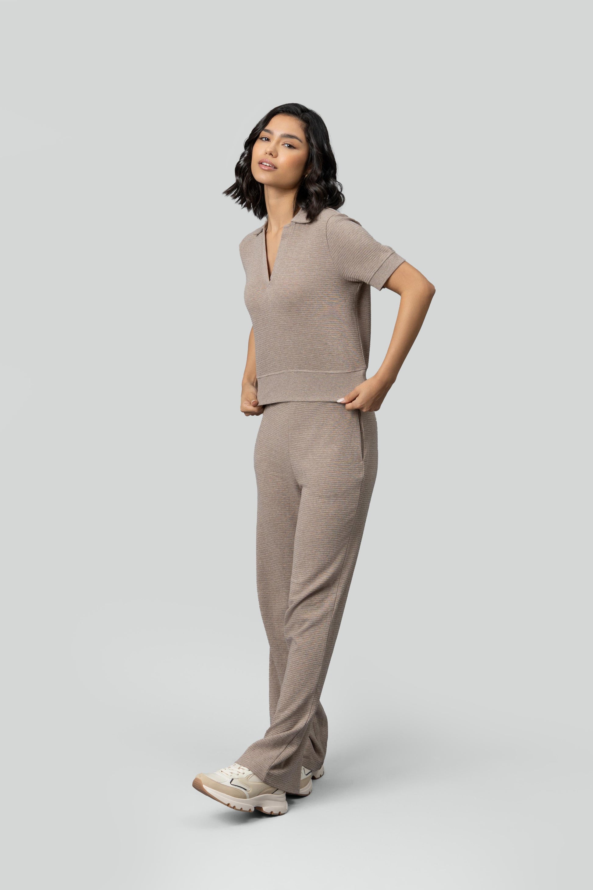 Beige Ottoman Rib Polo Set