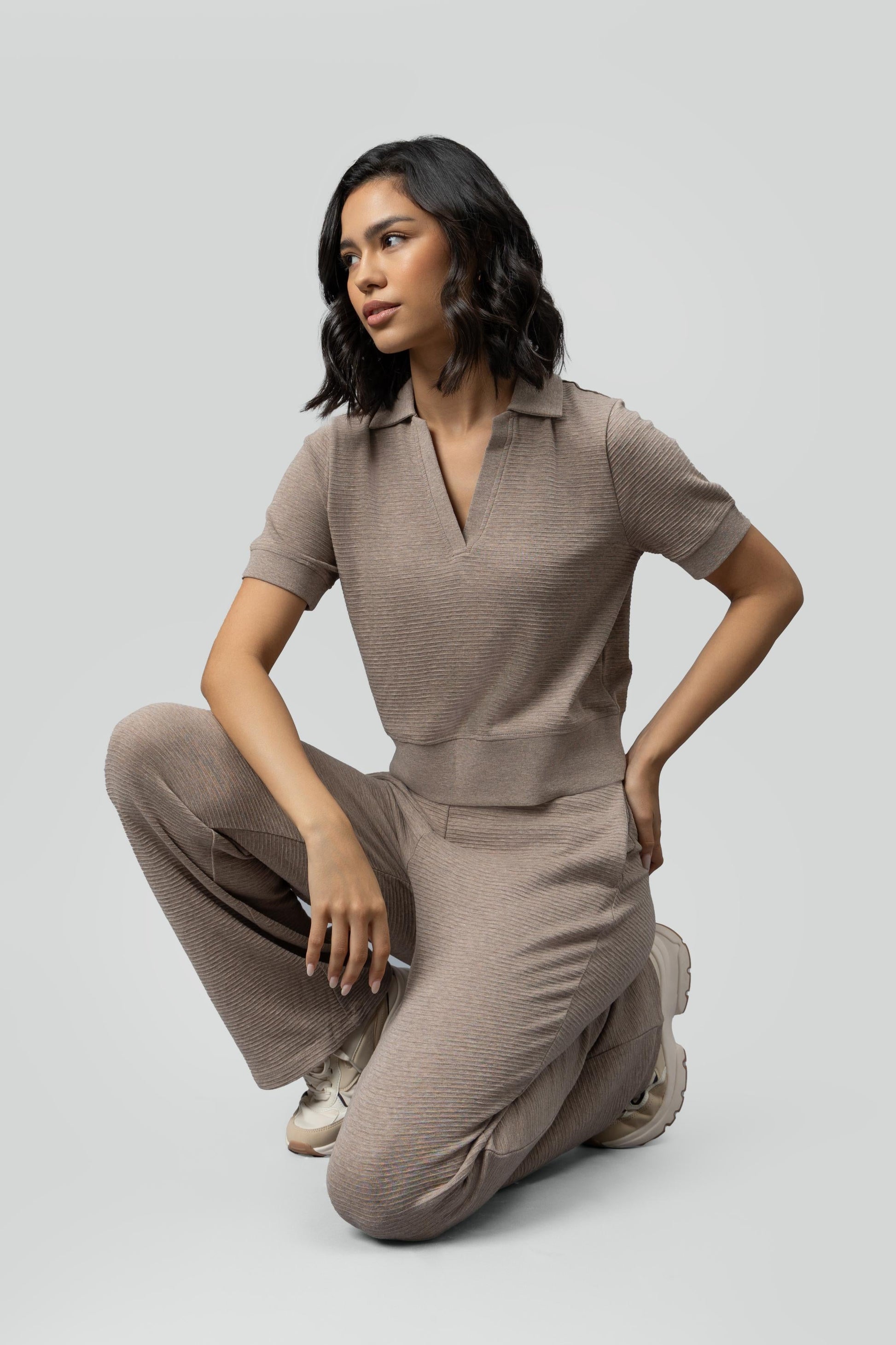 Beige Ottoman Rib Polo Set