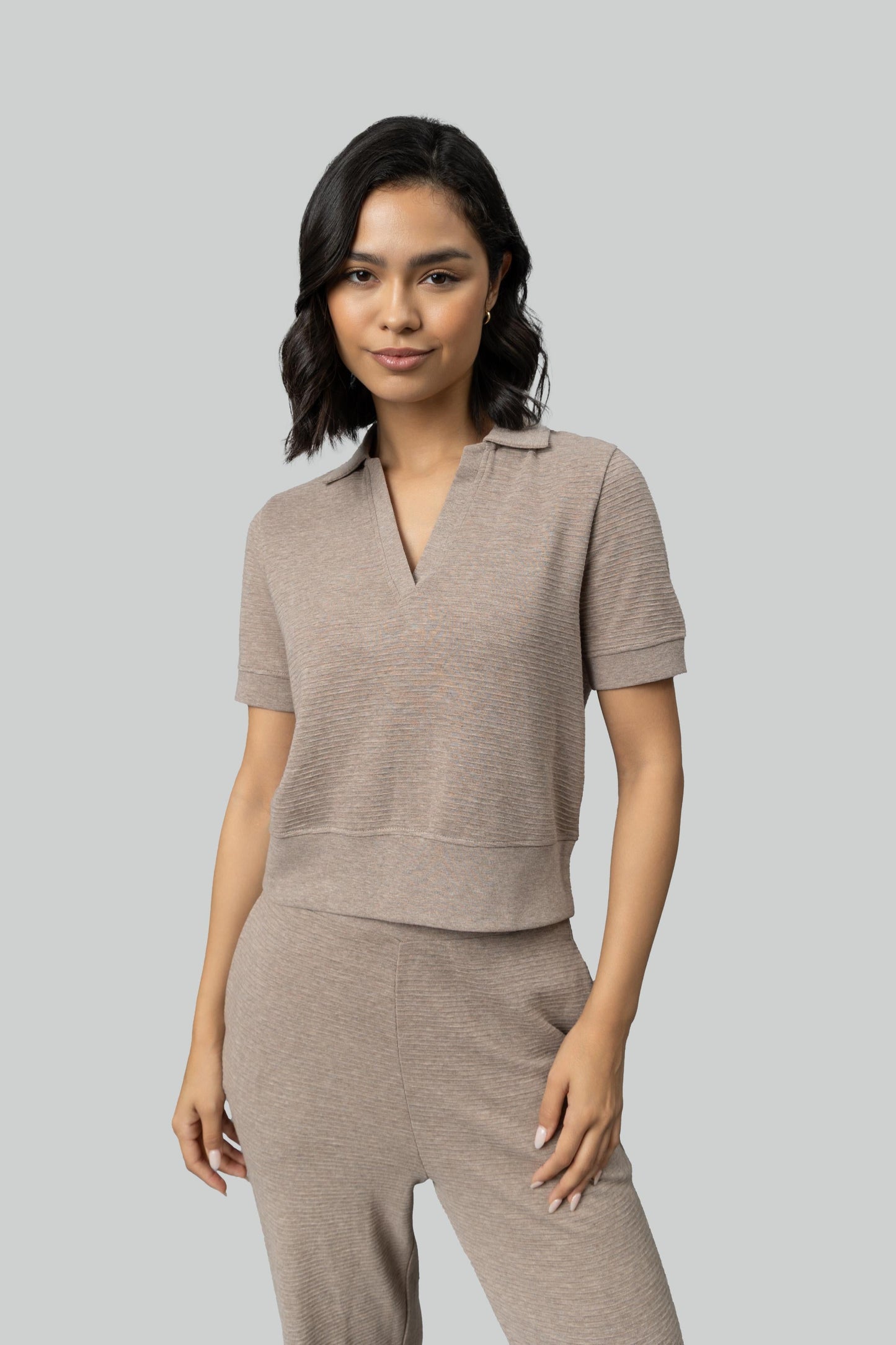 Beige Ottoman Rib Polo Set