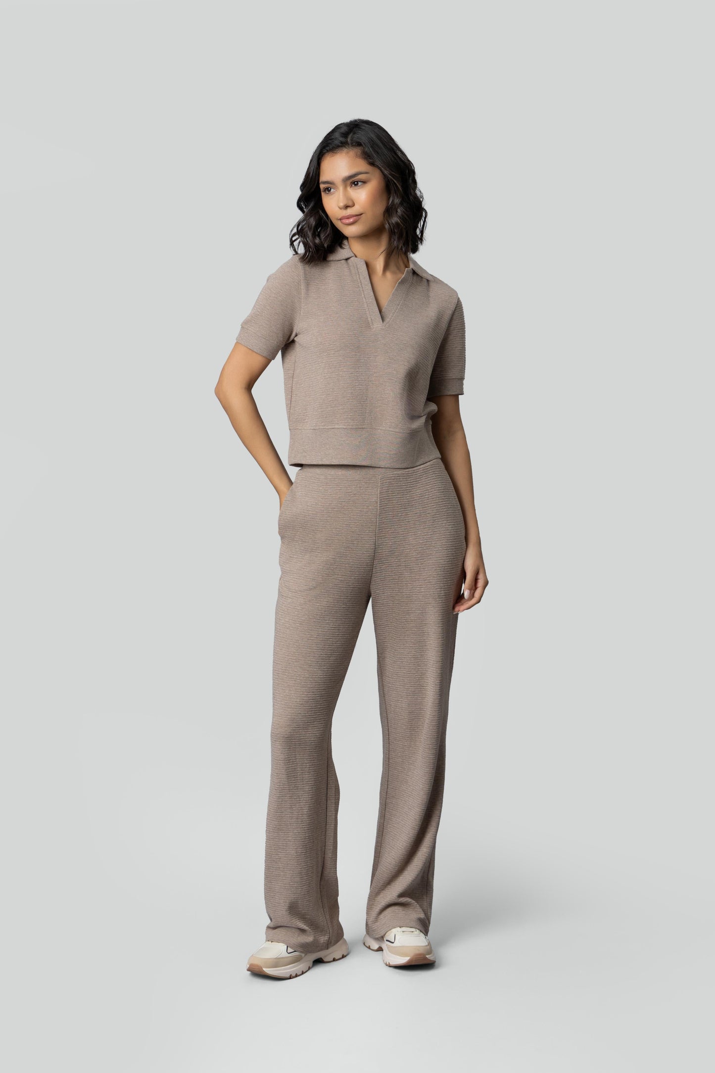 Beige Ottoman Rib Polo Set