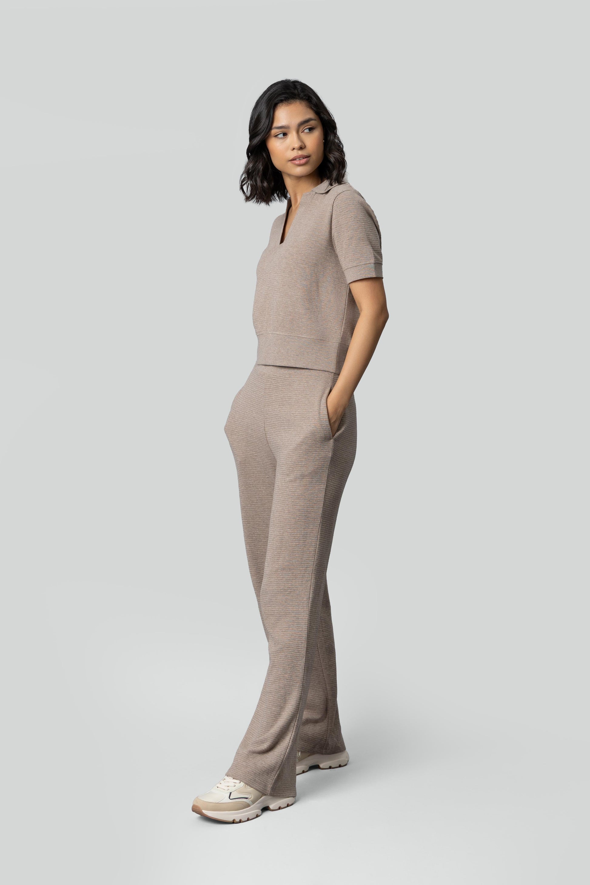 Beige Ottoman Rib Polo Set