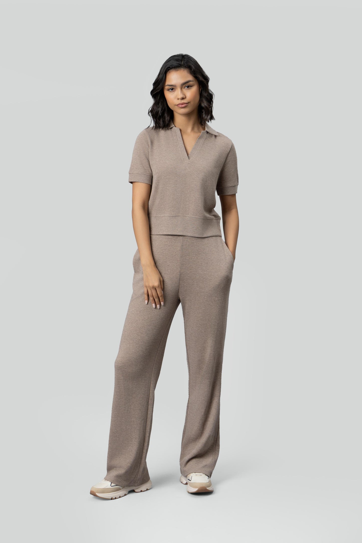 Beige Ottoman Rib Polo Set