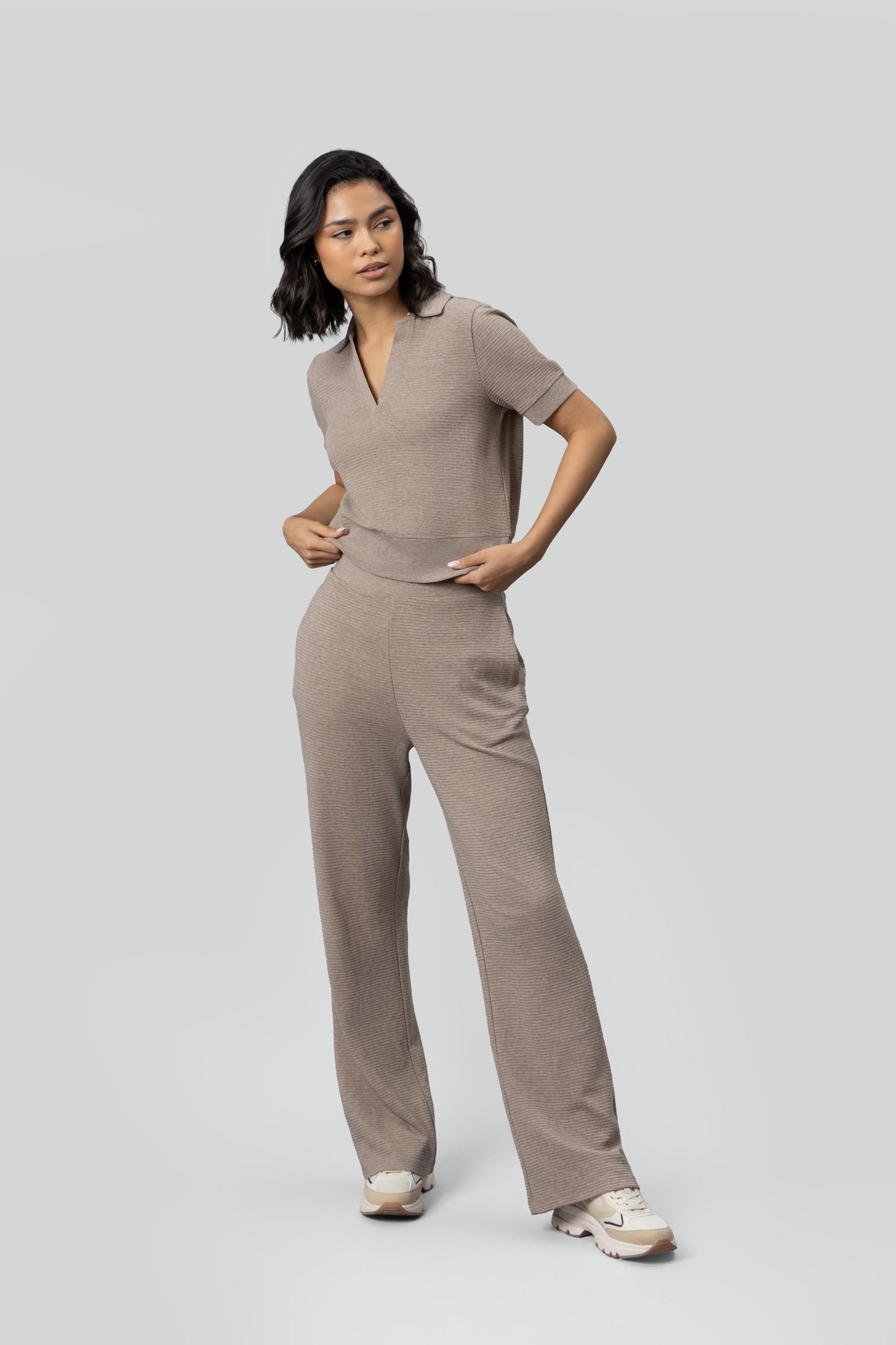 Beige Ottoman Rib Polo Set