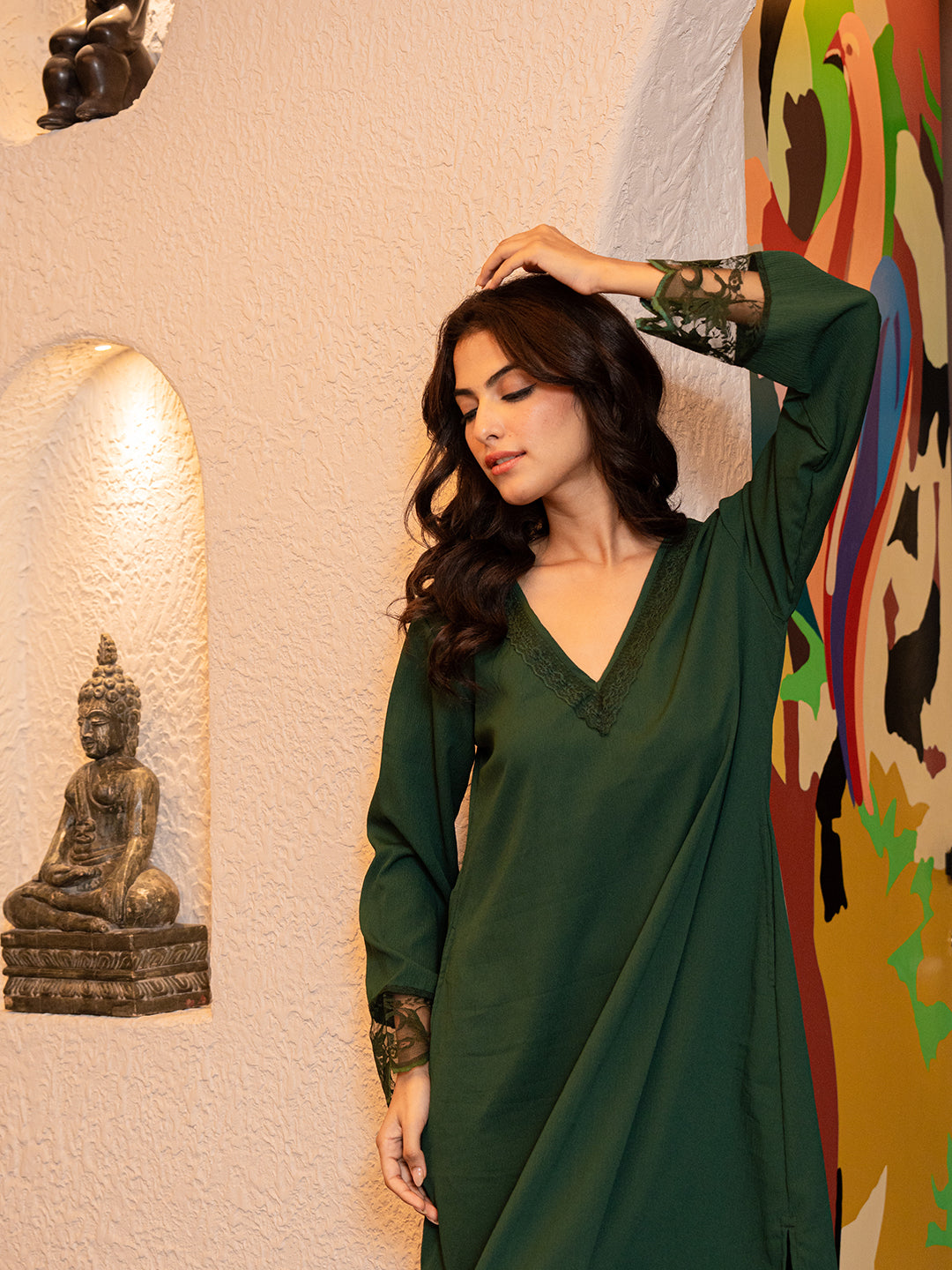 Emerald Green Soft Crepe V-Neck Midi Night Gown