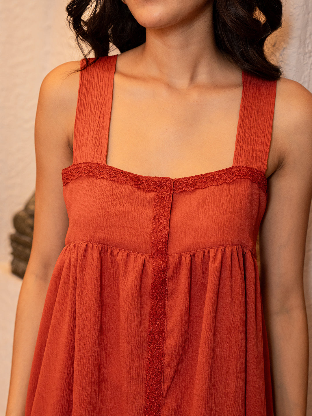 Rust Orange Crepe Square Neck Midi Night Dress