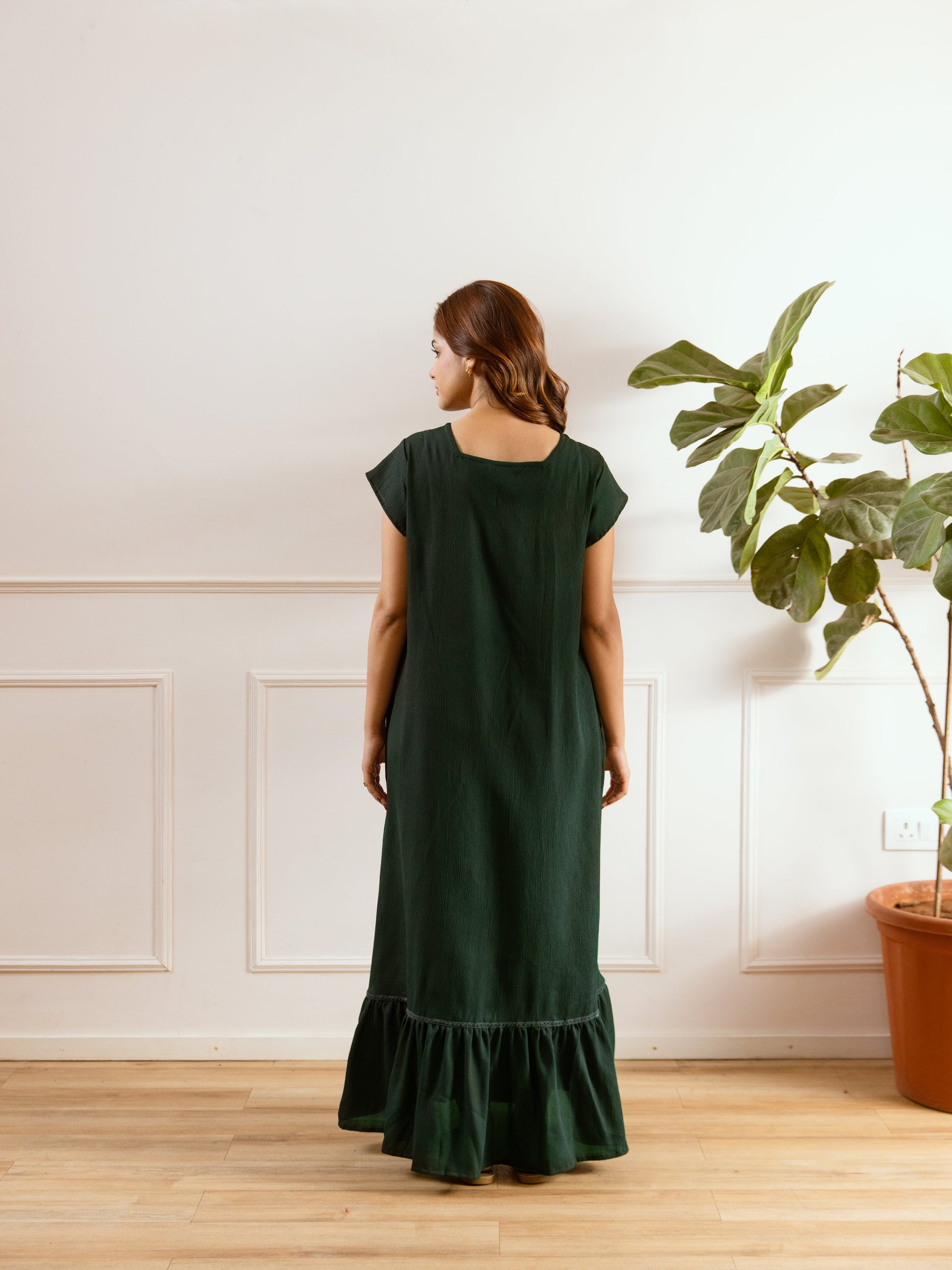 Emerald Green Flared Soft Crepe Night Maxi