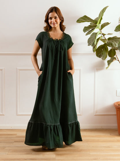 Emerald Green Flared Soft Crepe Night Maxi