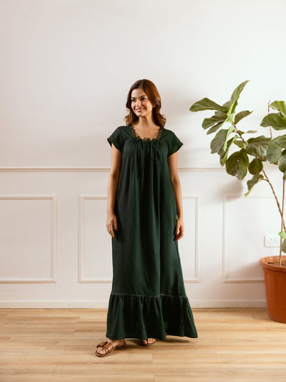 Emerald Green Flared Soft Crepe Night Maxi