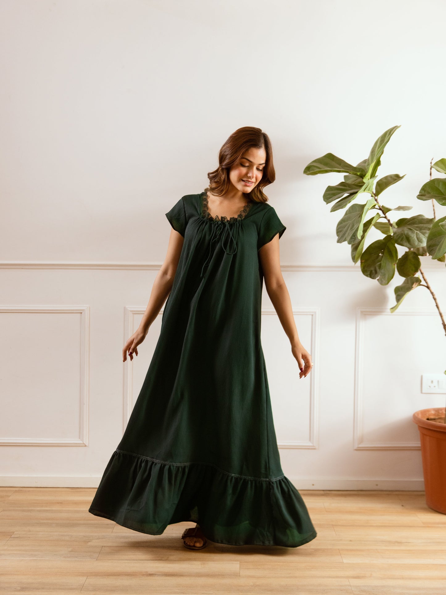 Emerald Green Flared Soft Crepe Night Maxi
