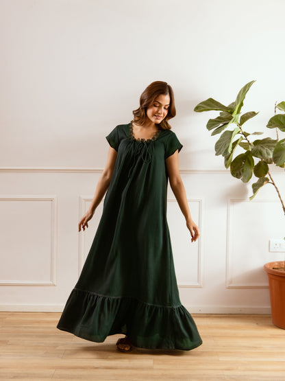Emerald Green Flared Soft Crepe Night Maxi