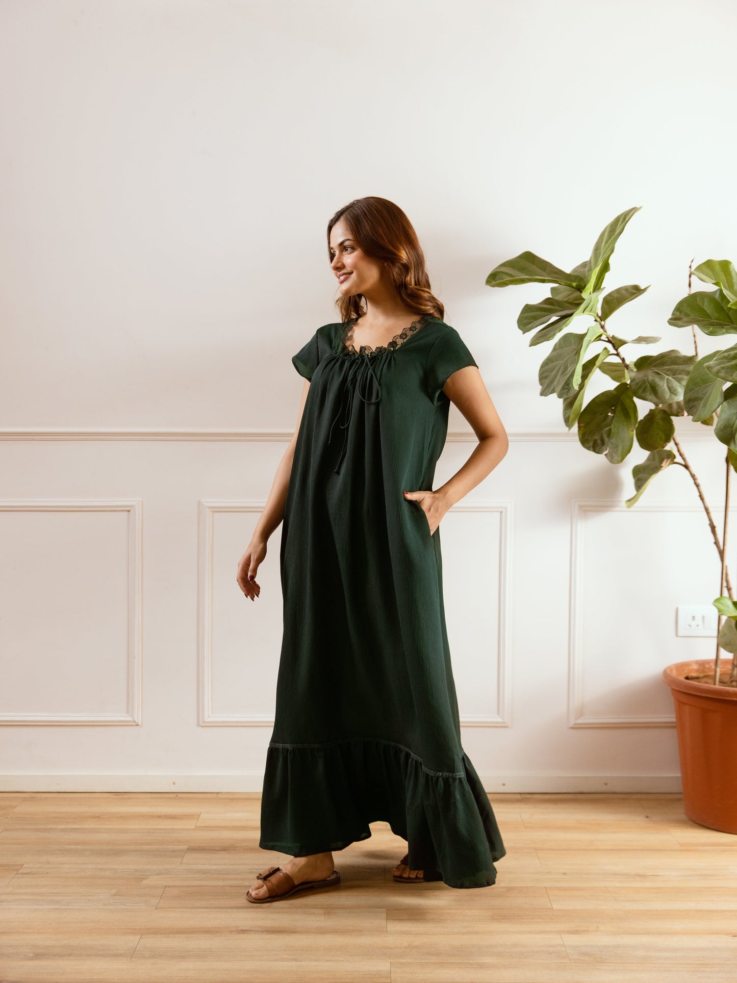 Emerald Green Flared Soft Crepe Night Maxi