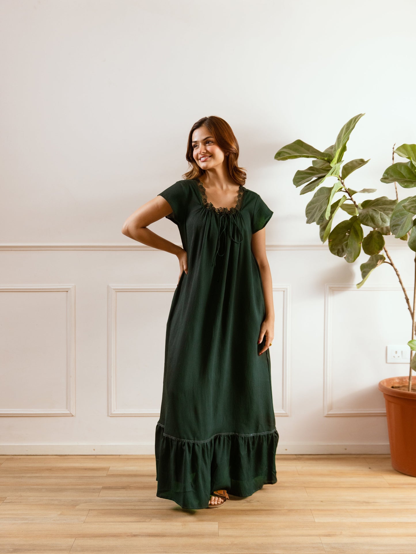 Emerald Green Flared Soft Crepe Night Maxi
