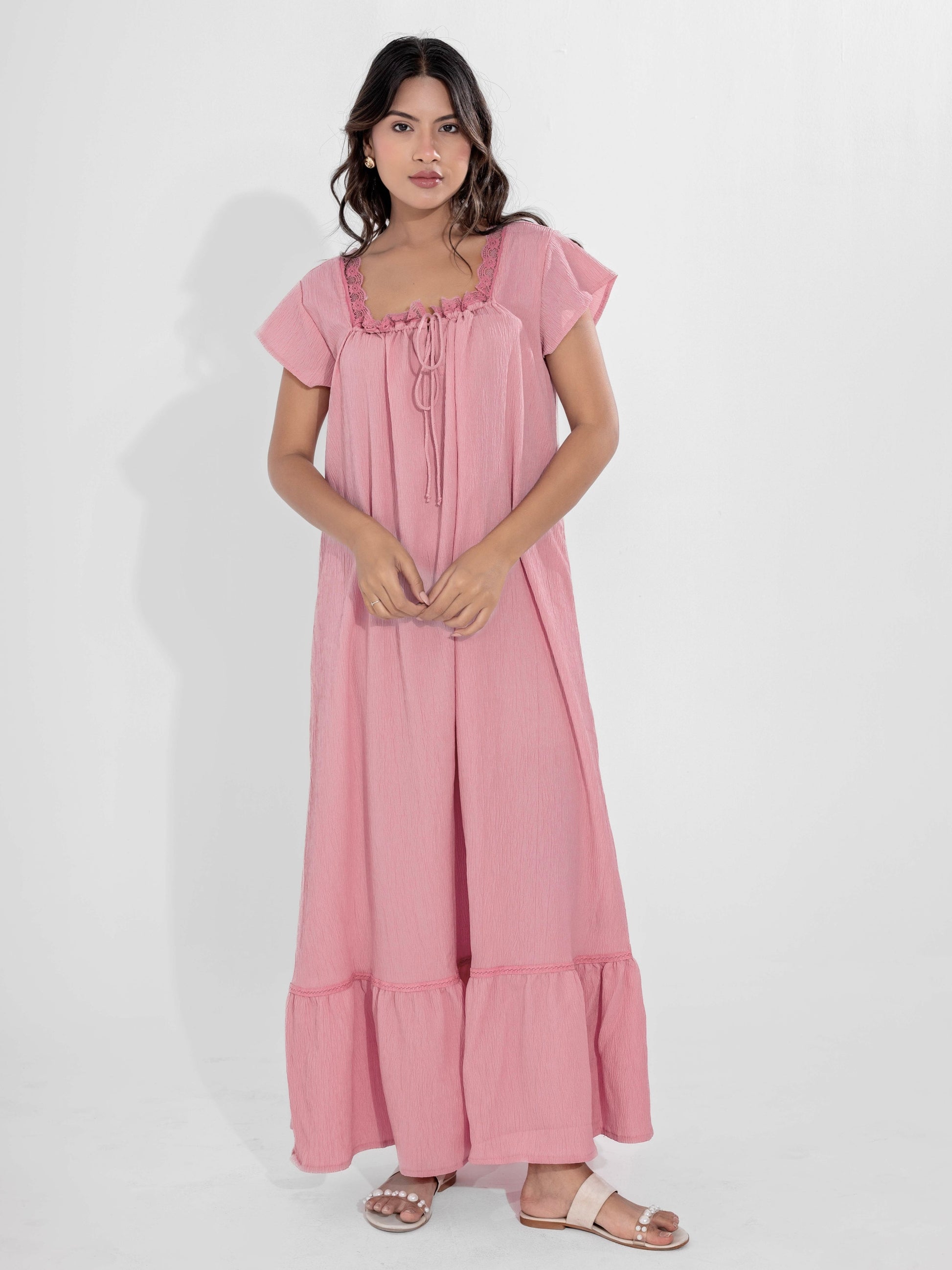 Candy Pink Flared Soft Crepe Night Maxi