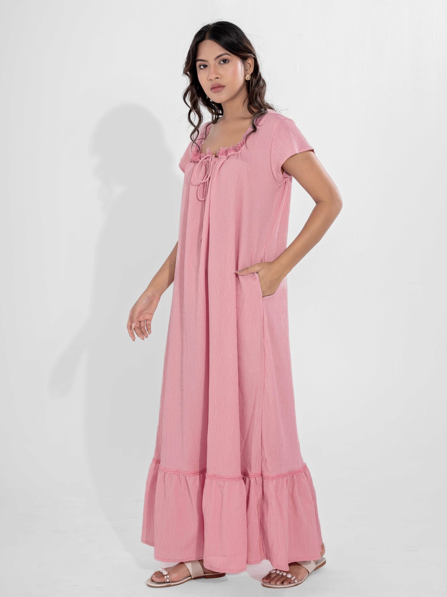 Candy Pink Flared Soft Crepe Night Maxi