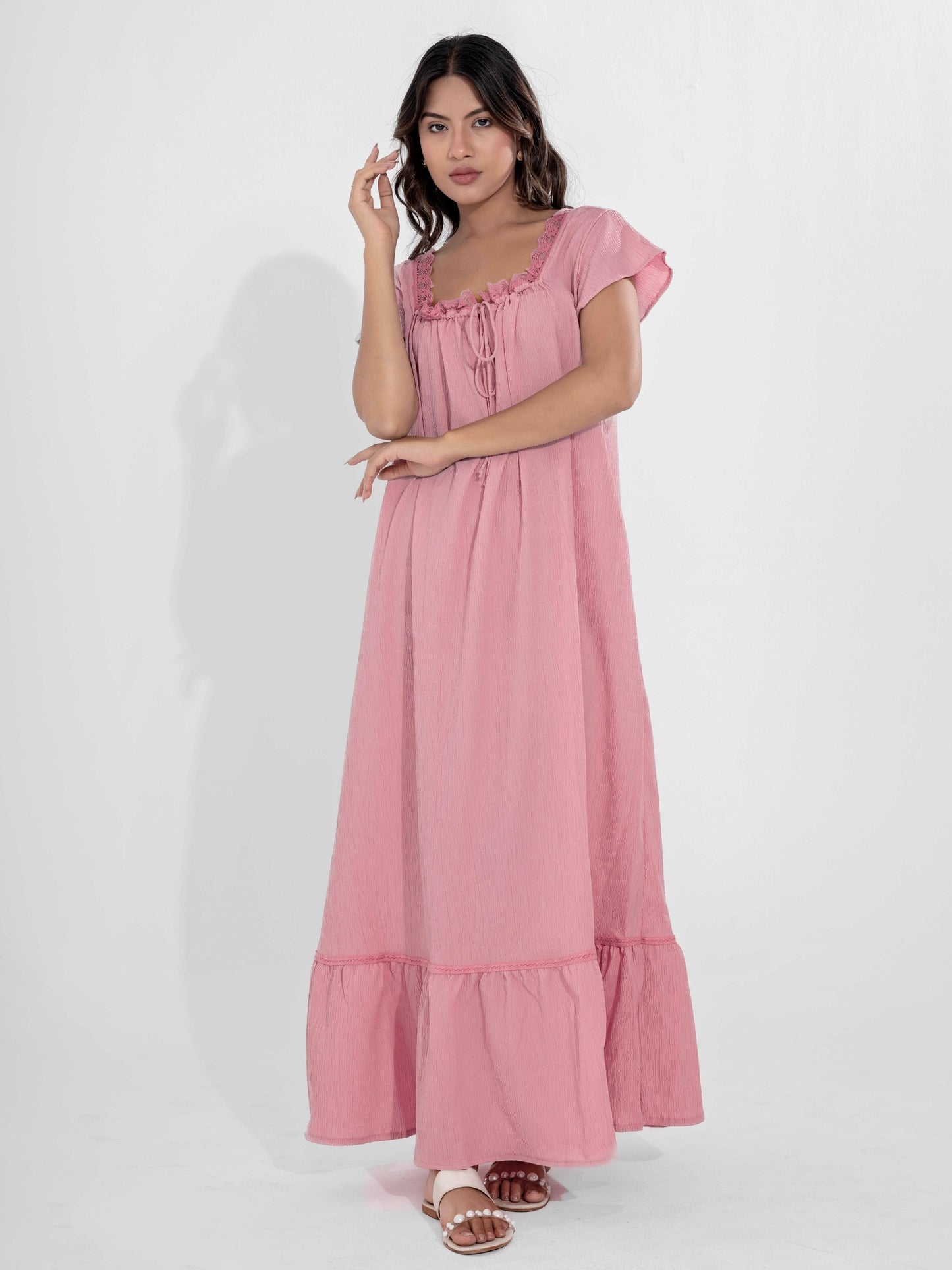 Candy Pink Flared Soft Crepe Night Maxi