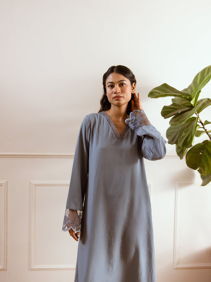 Pegion Blue Soft Crepe V-Neck Maxi