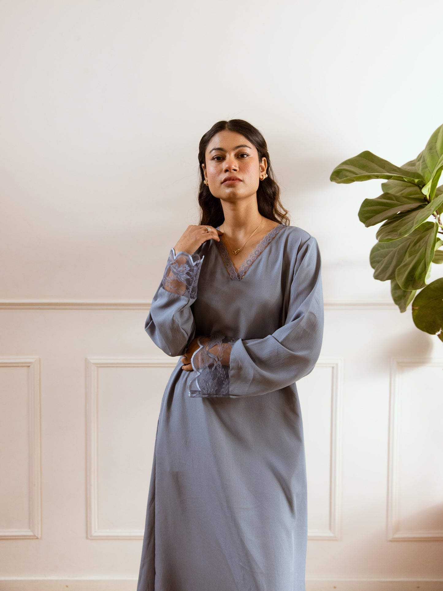 Pegion Blue Soft Crepe V-Neck Maxi