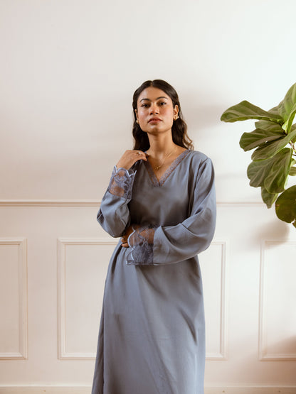 Pegion Blue Soft Crepe V-Neck Maxi