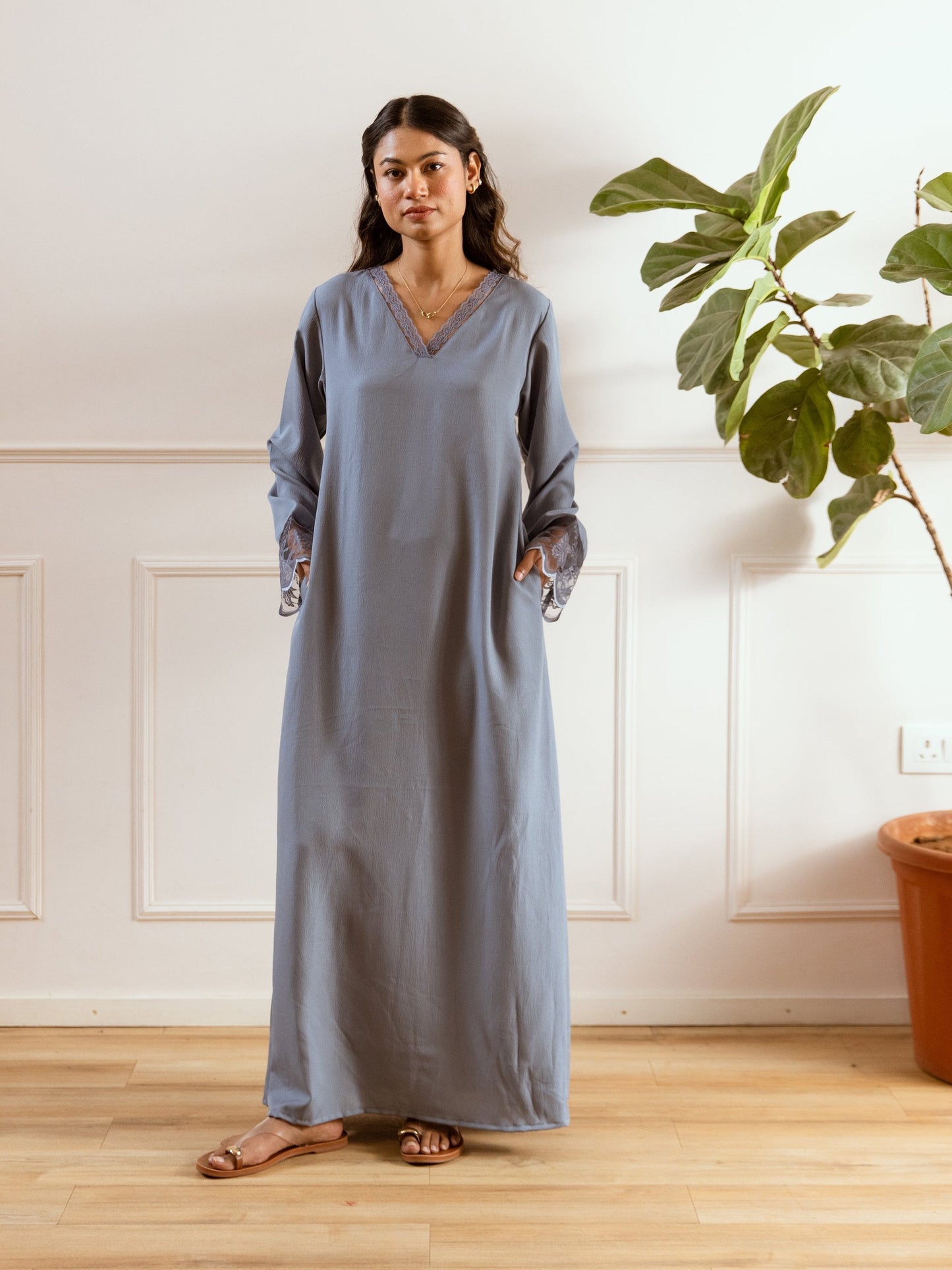 Pegion Blue Soft Crepe V-Neck Maxi
