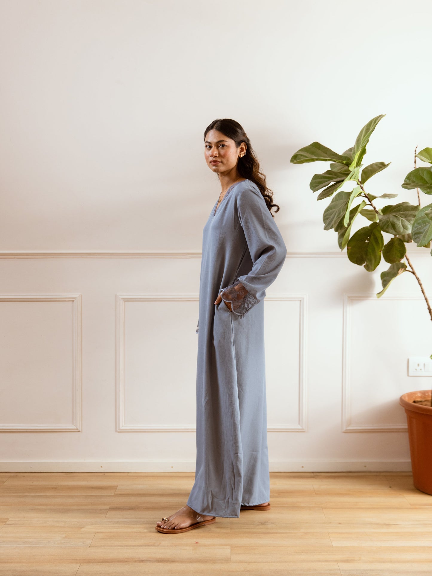 Pegion Blue Soft Crepe V-Neck Maxi