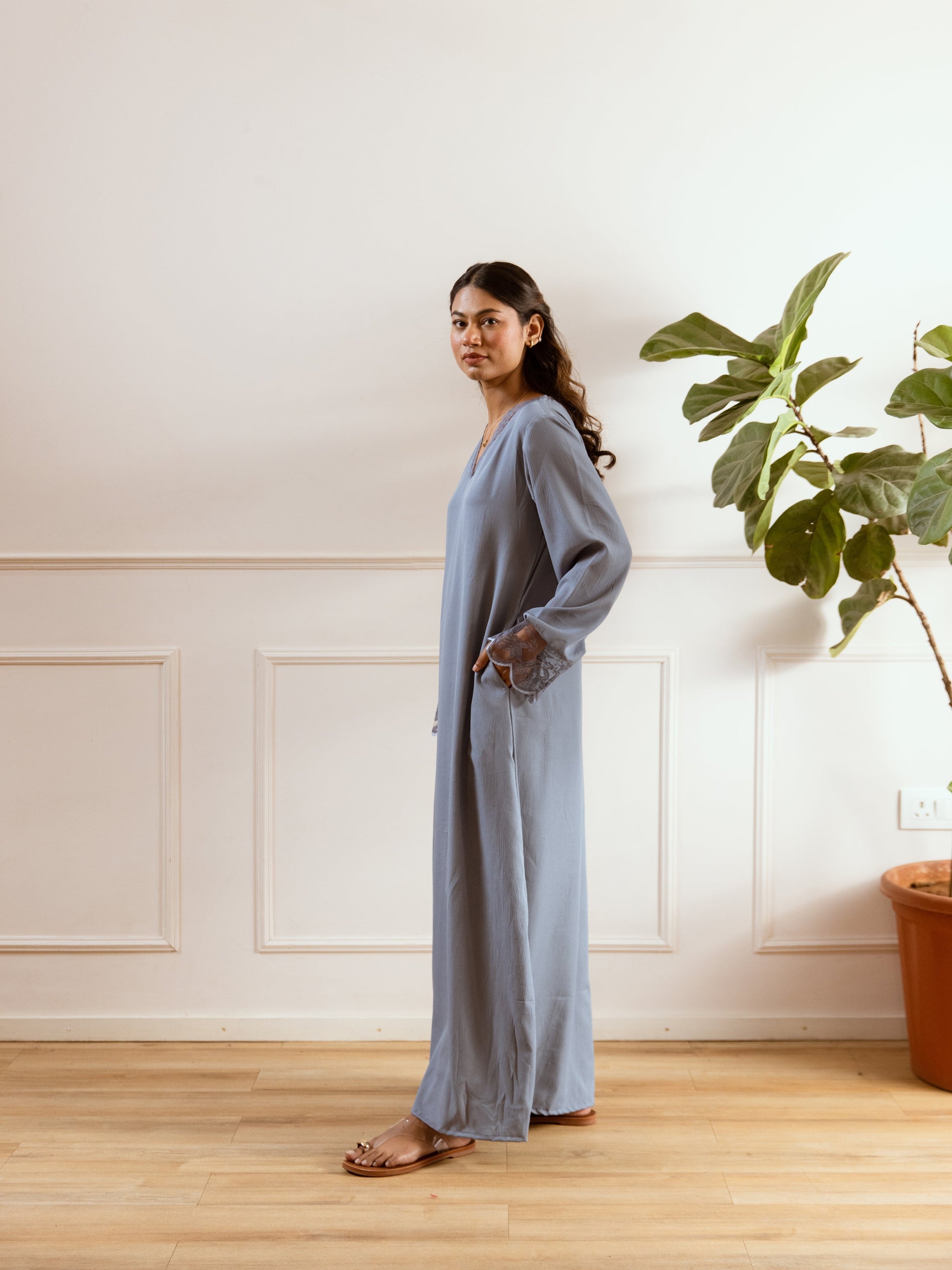 Pegion Blue Soft Crepe V-Neck Maxi