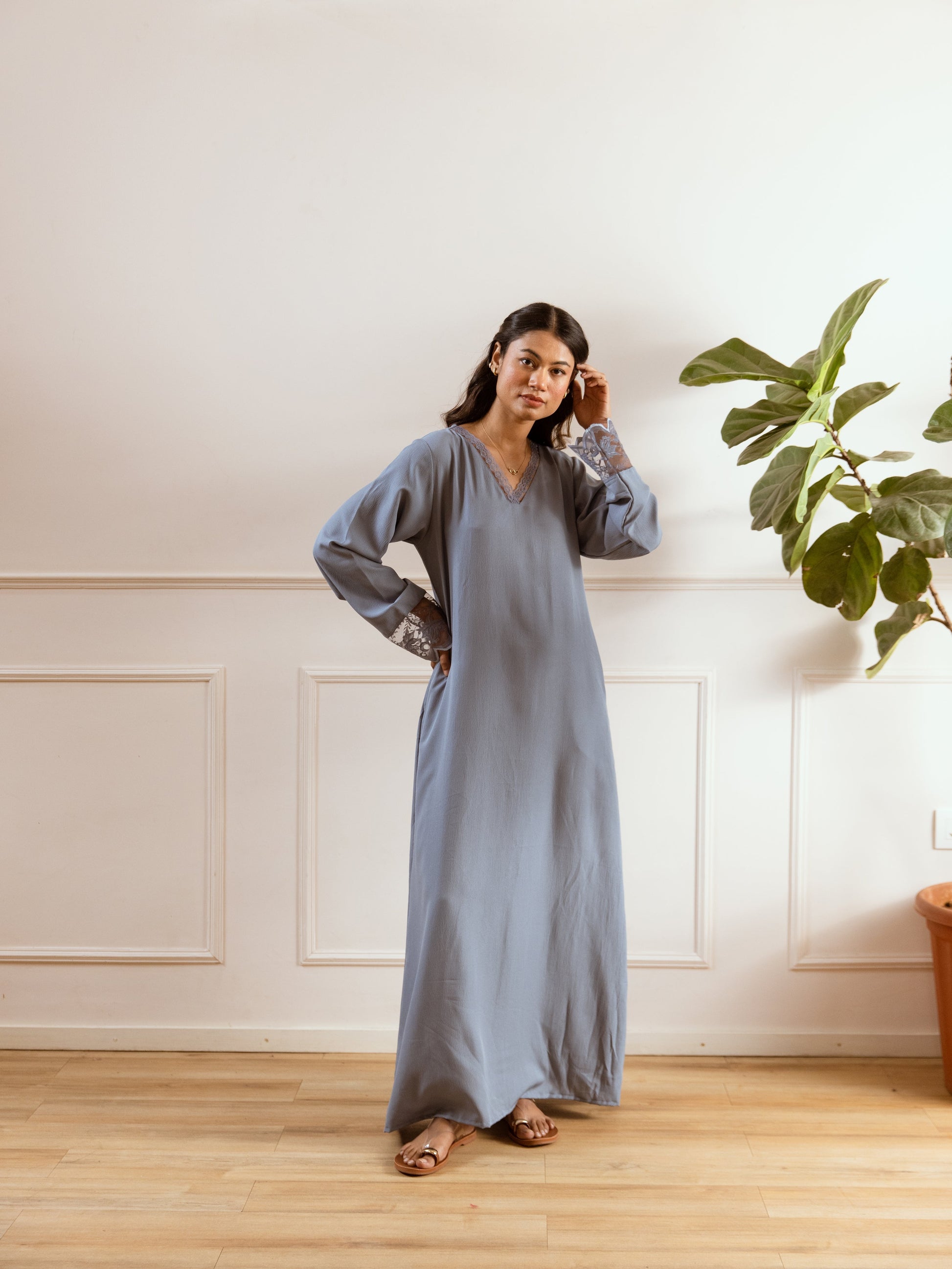 Pegion Blue Soft Crepe V-Neck Maxi