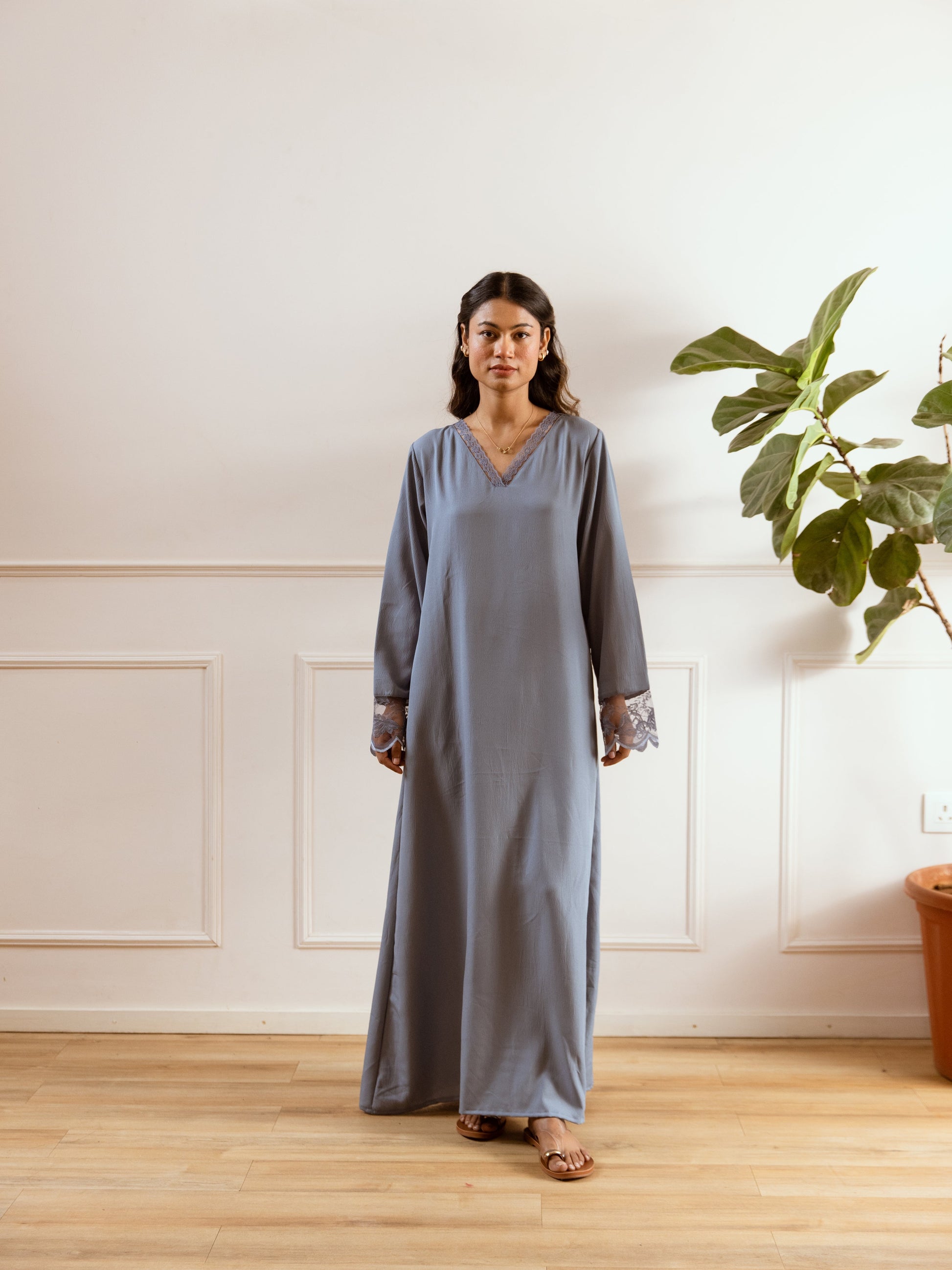 Pegion Blue Soft Crepe V-Neck Maxi