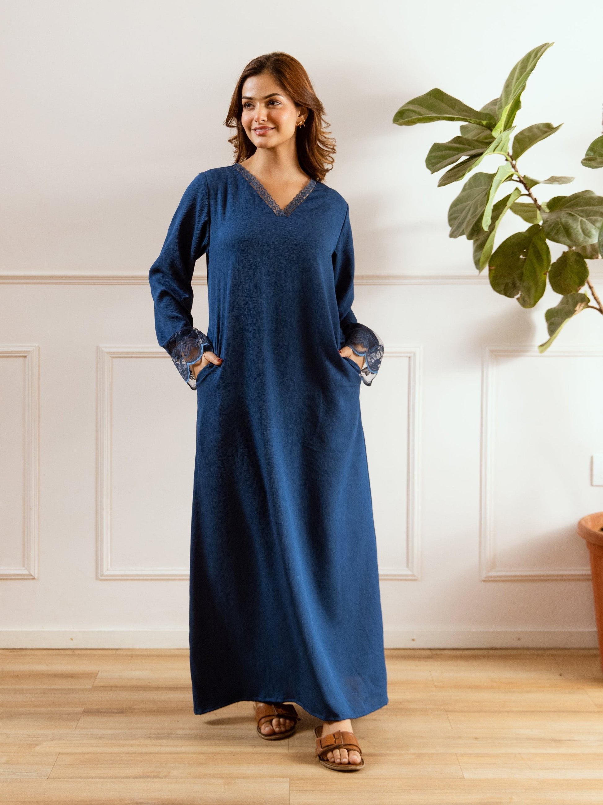 Teal Blue Soft Crepe V-Neck Maxi