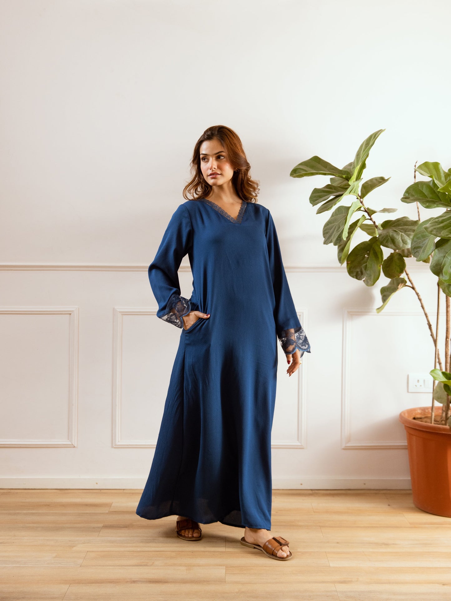 Teal Blue Soft Crepe V-Neck Maxi