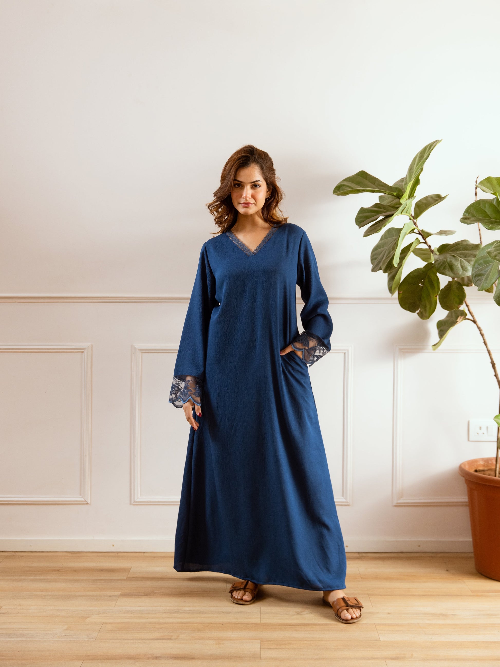 Teal Blue Soft Crepe V-Neck Maxi