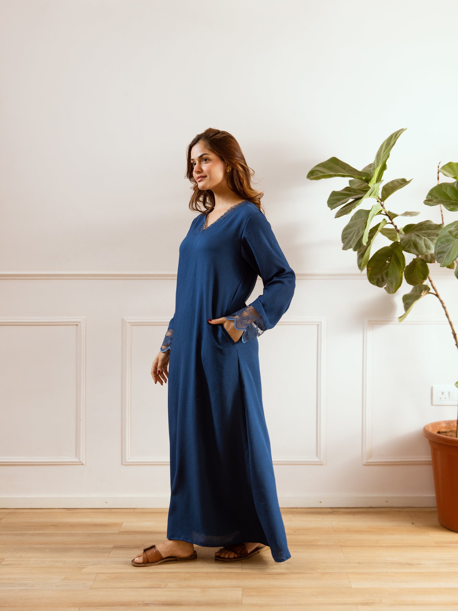 Teal Blue Soft Crepe V-Neck Maxi